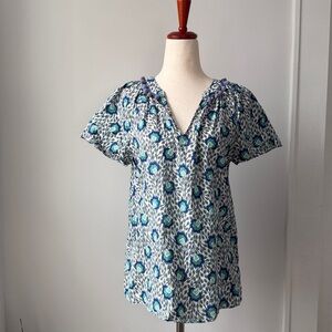 Boden Blue Floral Women's Blouse Size 4 Cotton Boho Feminine Top Relaxed Fit